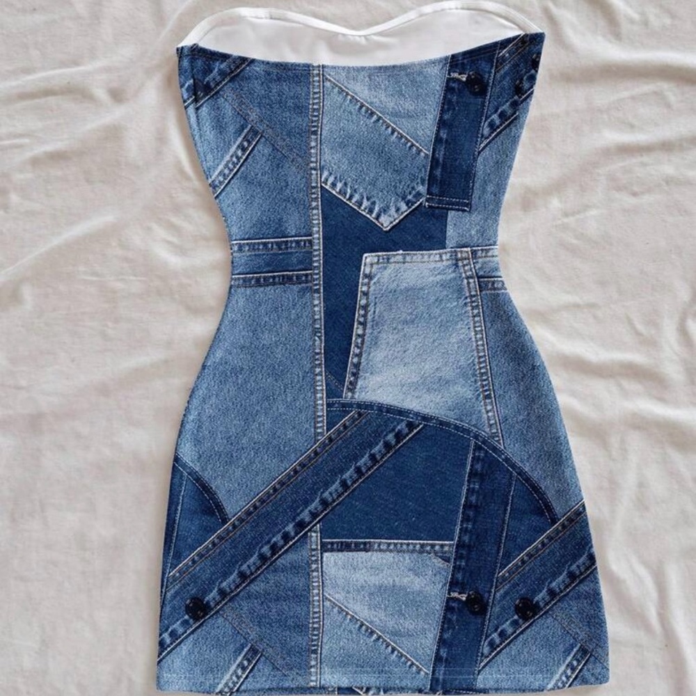 Blue Asymmetrical jean print Bustier Mini Dress